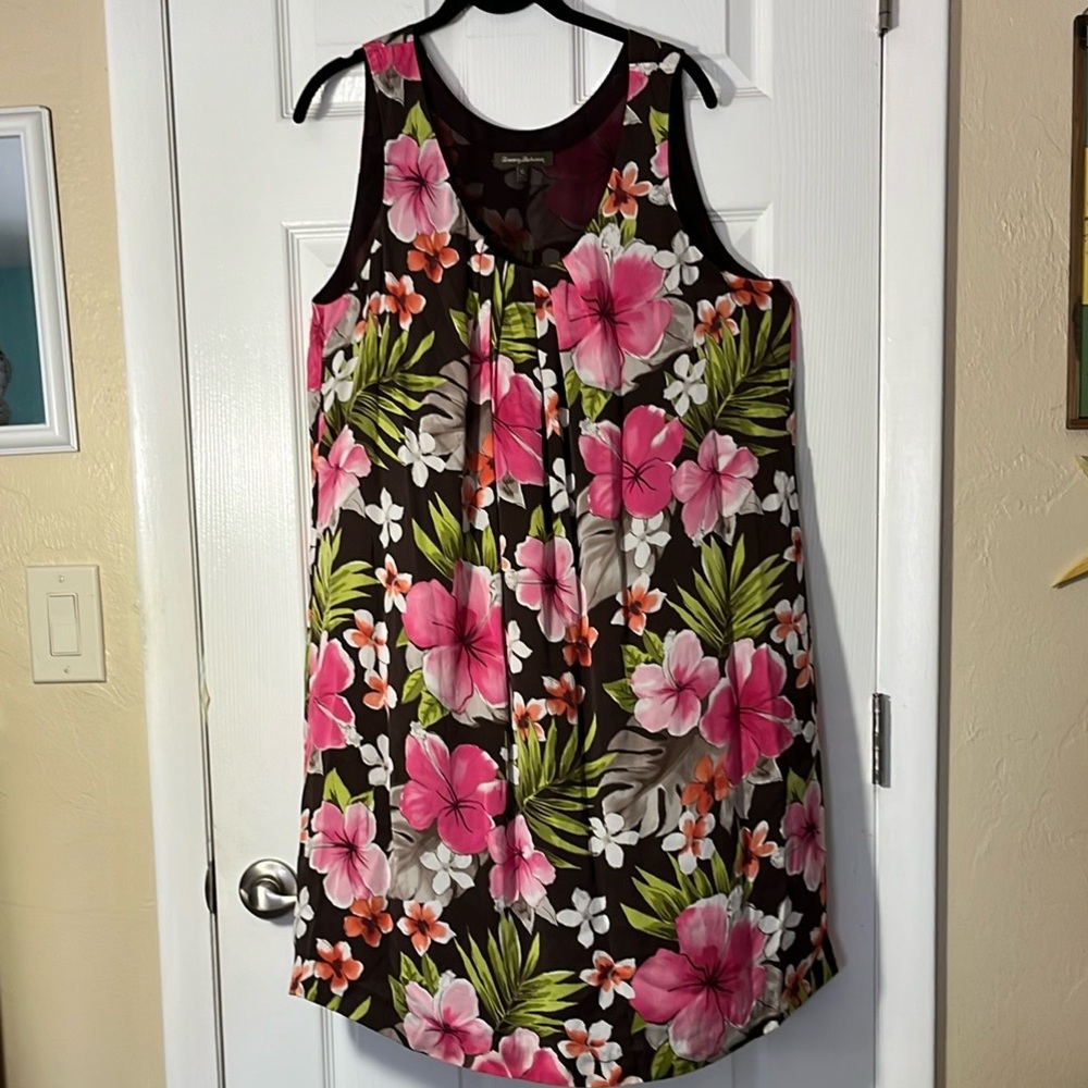 Tommy Bahama Y2K silk shift dress tropical floral brown pink green sleeveless XL